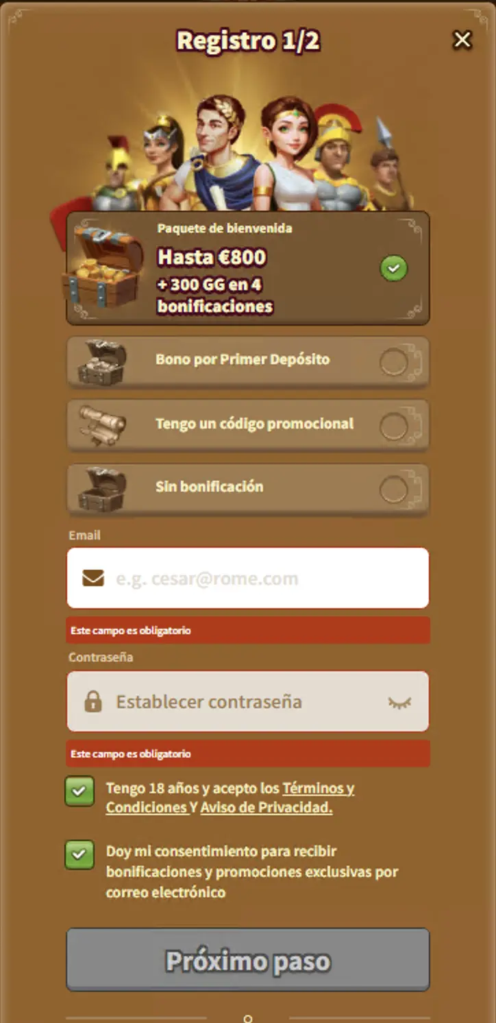 Complete su inscripción en el sitio web de myempires.