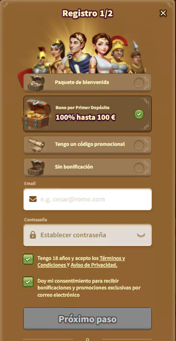 Introduce la información requerida para continuar con tu registro en myempires.