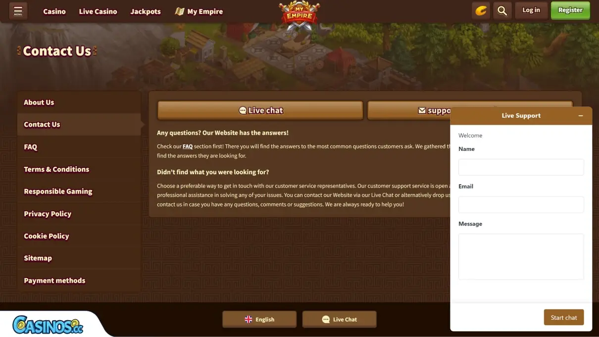 Si tiene alguna pregunta, póngase en contacto con el servicio de asistencia de My Empire a través del chat en directo o por correo electrónico.